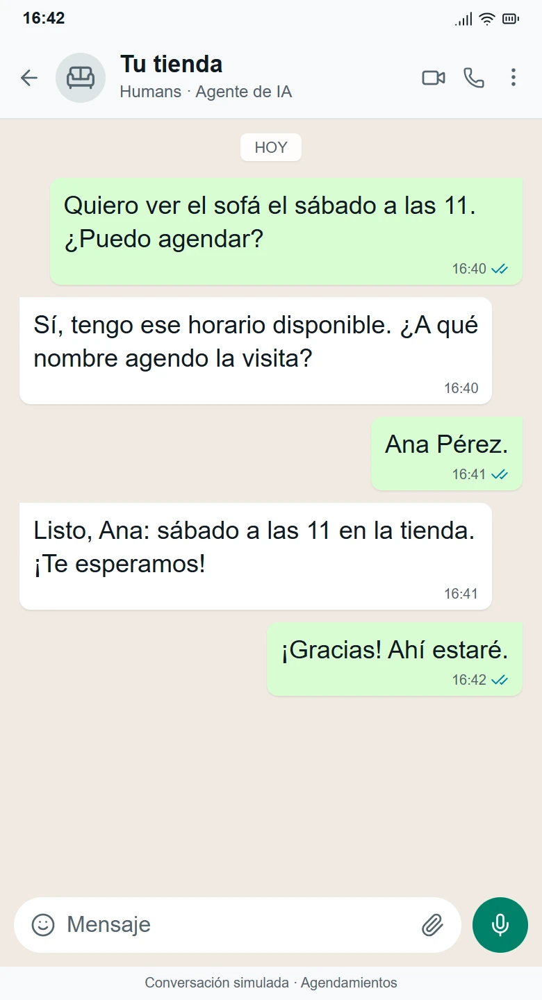 Conversación simulada de WhatsApp con Humans, de la consulta al desenlace: Visita coordinada. Un paso más cerca.