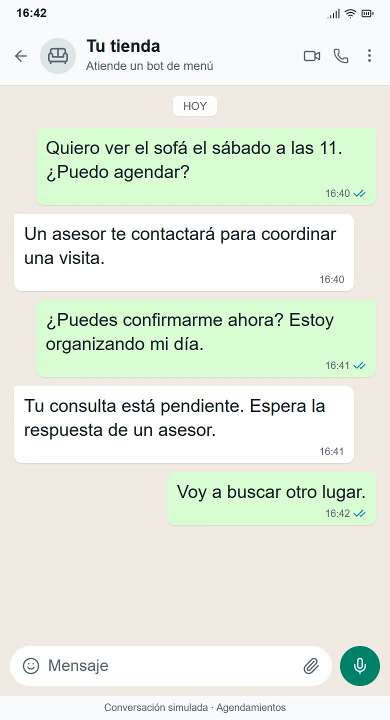 Conversación simulada de WhatsApp con Bot tradicional, de la consulta al desenlace: La espera enfría la oportunidad.