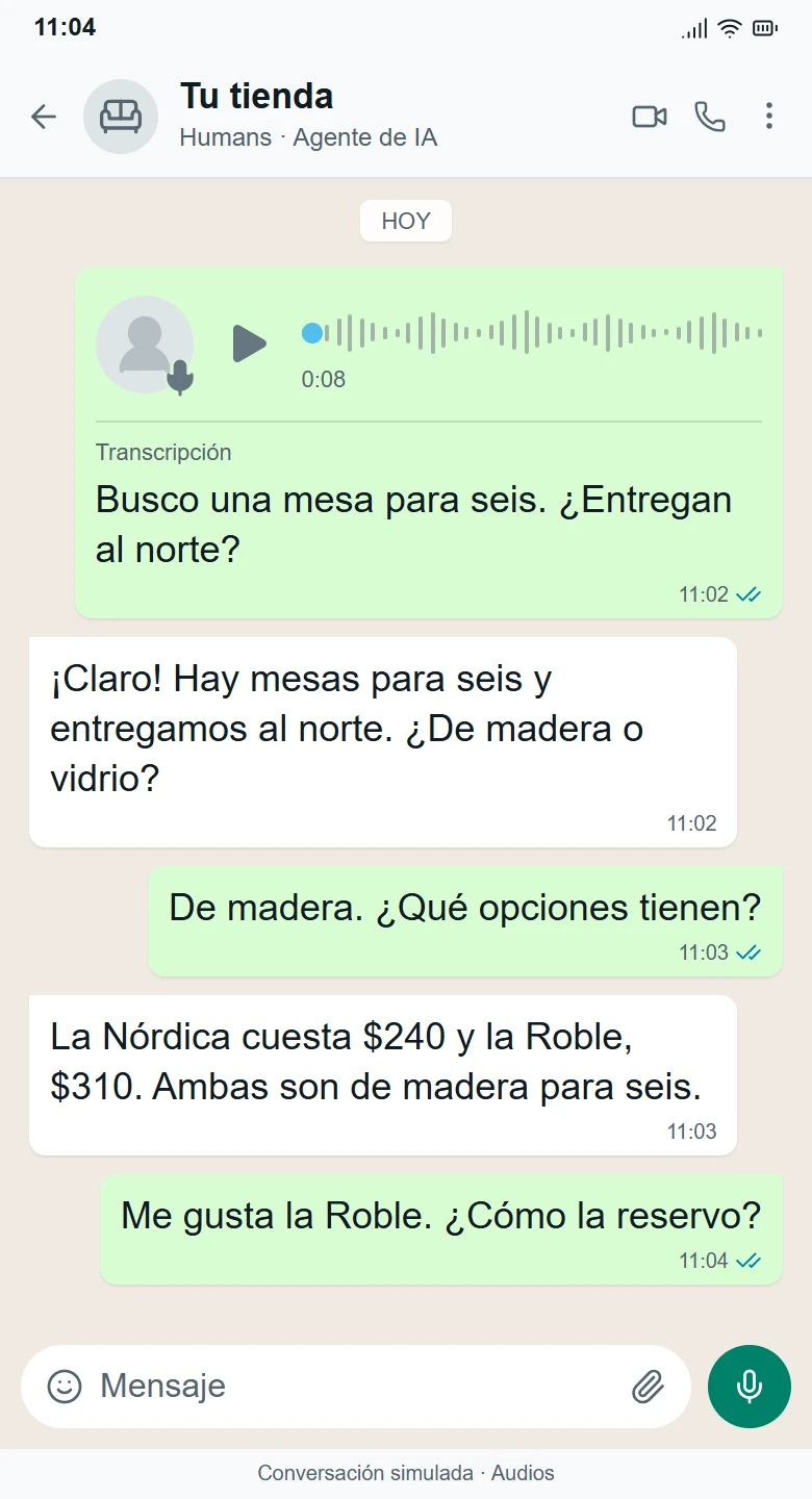 Conversación simulada de WhatsApp con Humans, de la consulta al desenlace: Entiende el audio y acerca la compra.
