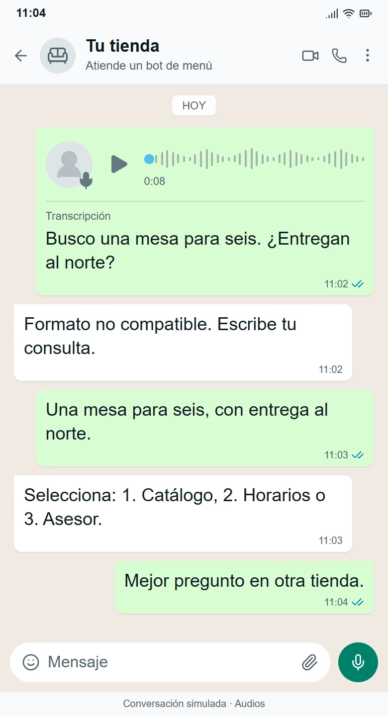 Conversación simulada de WhatsApp con Bot tradicional, de la consulta al desenlace: Hace repetir la consulta. El cliente se va.