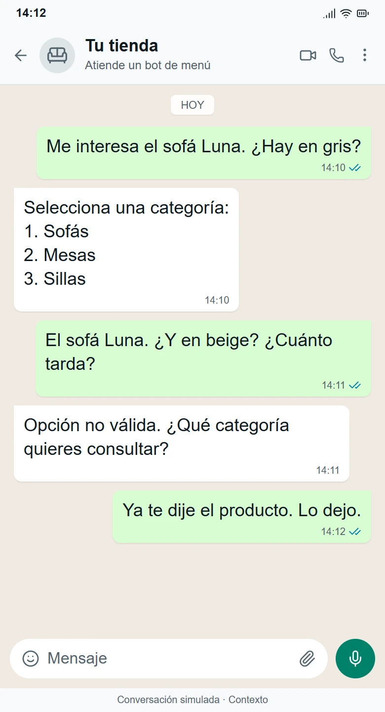 Conversación simulada de WhatsApp con Bot tradicional, de la consulta al desenlace: Pierde el hilo y frustra al cliente.