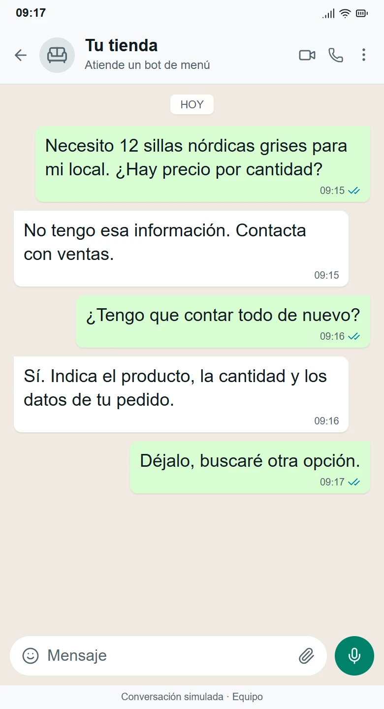 Conversación simulada de WhatsApp con Bot tradicional, de la consulta al desenlace: Más pasos. Una oportunidad que se pierde.
