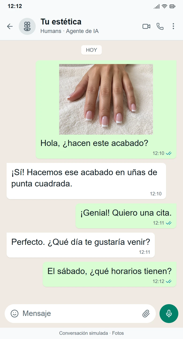 Conversación simulada de WhatsApp con Humans, de la consulta al desenlace: Reconoce el acabado y ayuda a avanzar hacia una cita.