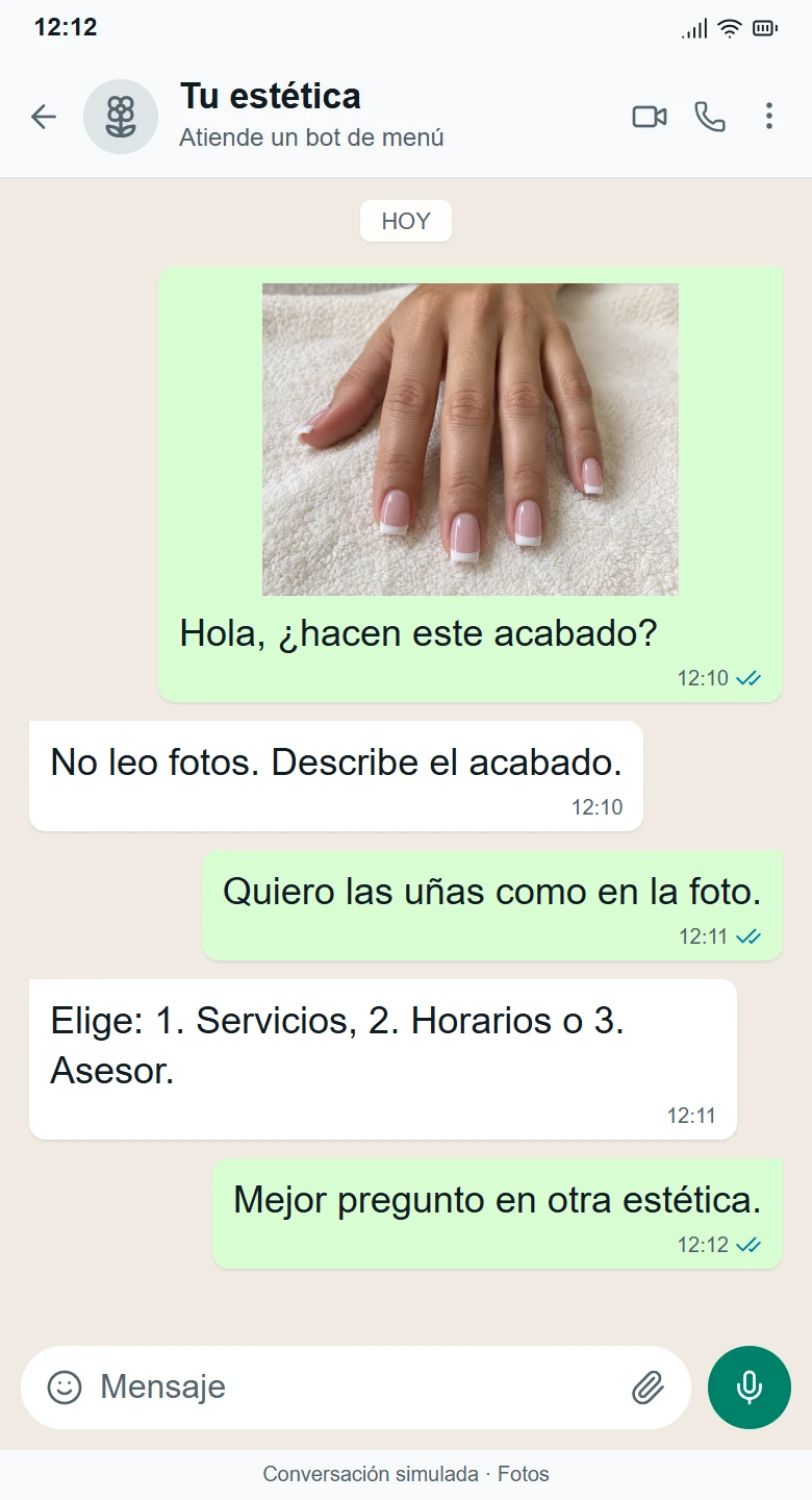 Conversación simulada de WhatsApp con Bot tradicional, de la consulta al desenlace: La foto no resuelve la duda. La clienta se va.