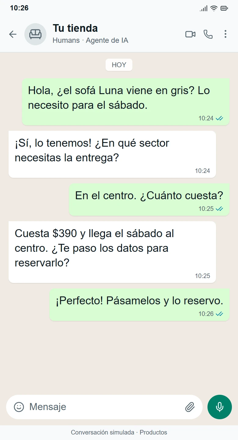 Conversación simulada de WhatsApp con Humans, de la consulta al desenlace: Dudas resueltas. Cliente listo para comprar.